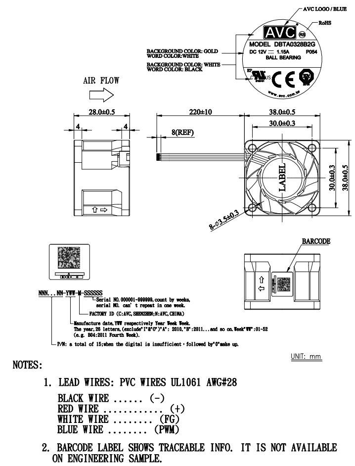 AVC轴流风扇DBTA0328B2G产品尺寸图