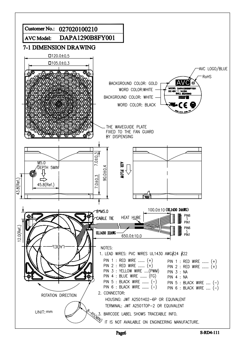 轴流风扇DAPA1290B8FY001产品尺寸图： 