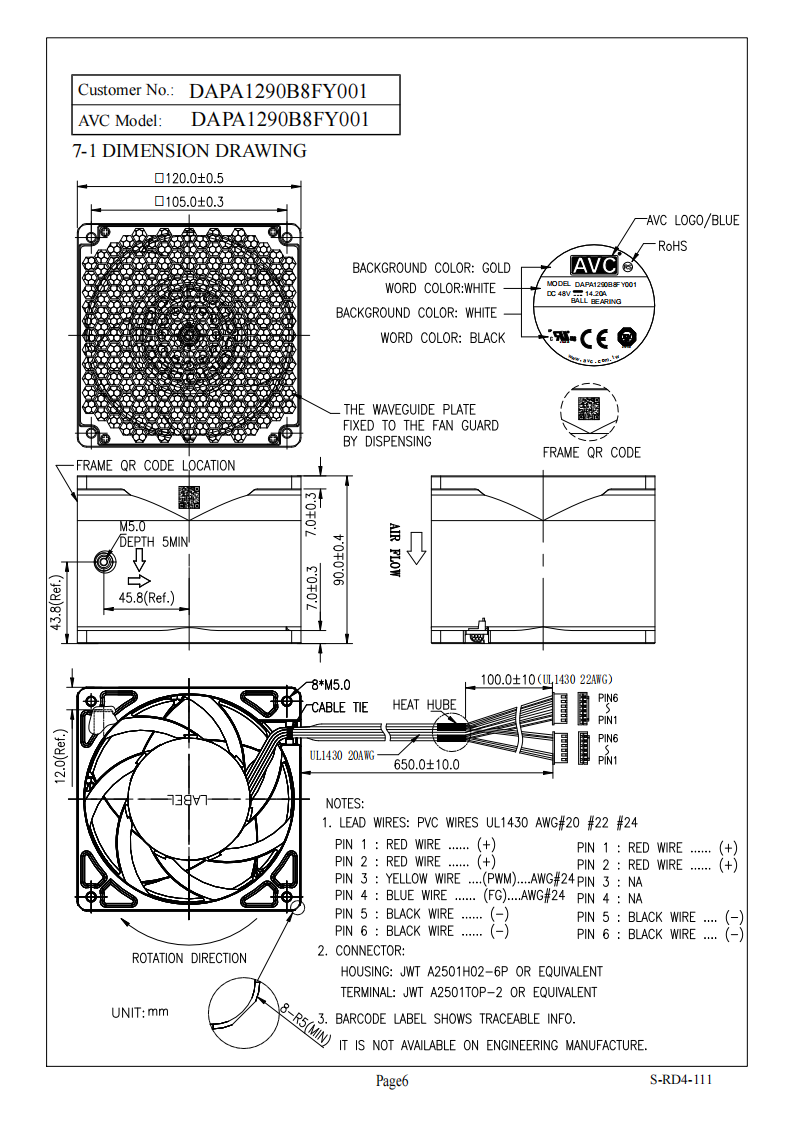 轴流风扇DAPA1290B8FY001产品尺寸图： 