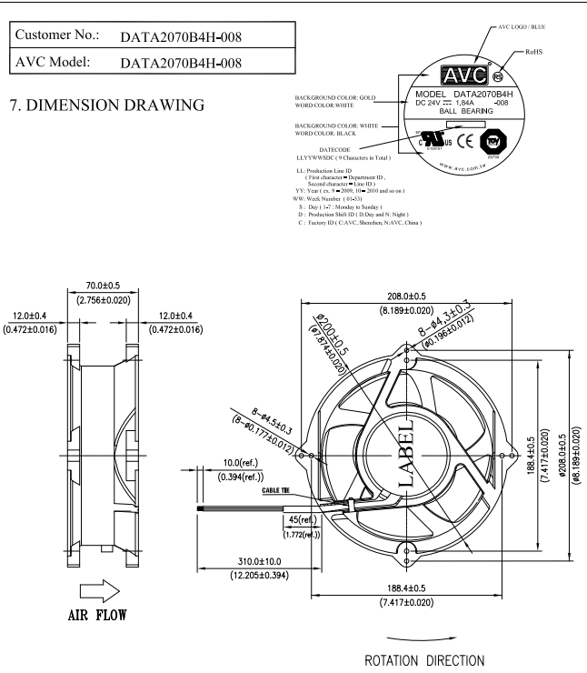 AVC DATA2070B4H-008 200x70mm 24V DC 工业轴流散热风扇 3400RPM 高转速大风量服务器机柜散热风机2